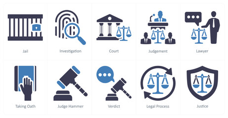A set of 10 justice icons as jail, investigation, court - obrazy, fototapety, plakaty