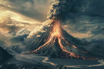 Volcano eruption spiting molten lava and ash clouds over a mountain, photo collage . - obrazy, fototapety, plakaty