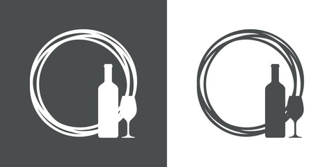 Logo club de vino. Marco circular con líneas con silueta de botella y copa de vino