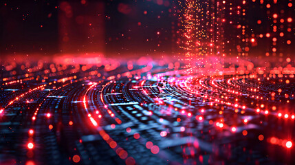 Abstract digital landscape with flowing red particles over a dark grid, conveying a sense of futuristic technology and data movement.