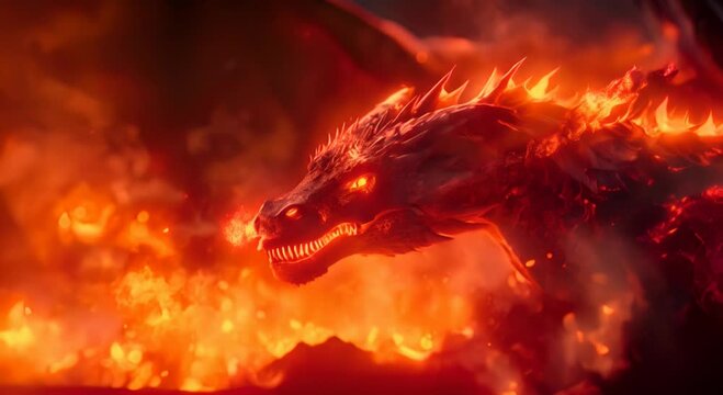 Dragon element effect with a fiery dragon fire background. Show very sharp details of swirling flames and sparks engulfing the screen, with bursts of intense heat rad