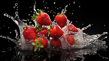 Closeup of fresh and healthy strawberries falling into clear water with big splash on black background. Group of juicy strawberries falling into water with splash. Red strawberries drop in water