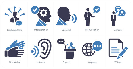 A set of 10 language icons as language skills, interpretation, speaking - obrazy, fototapety, plakaty