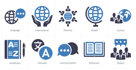 A set of 10 language icons as language, international, diversity