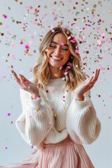Woman in White Sweater and Pink Skirt Surrounded by Confetti