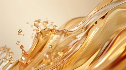 Revitalizing strands 3D render showcases golden oil bubbles, keratin treatment on beige