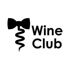Logo club de vino. Silueta de corbata de lazo con forma de sacacorchos con texto Wine Club