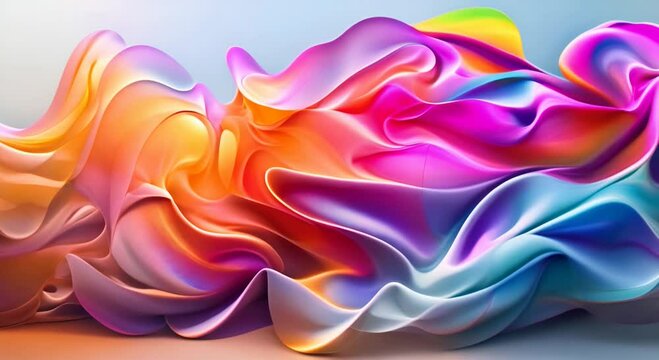 abstract animation of gradient fabric in pastel colors and liquid glass layers, set against a light background. Highlight very sharp details of the intricate flower-shaped fabric as it dances and shim