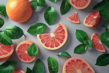 Fresh grapefruits sliced open, revealing juicy segments, with vibrant green leaves scattered around on a serene grey background. - obrazy, fototapety, plakaty