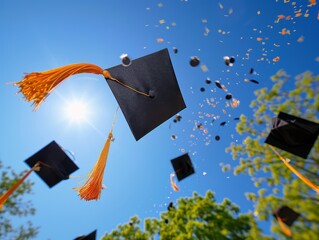 Black graduation caps flying in the air