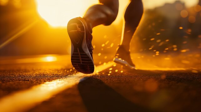 a male runner mid-stride, wearing running shoes emitting a golden glow with each step. The golden light illuminates his path