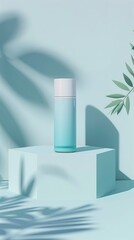 A skincare product bottle sits atop a geometric display stand with botanical shadows casting over a pastel background