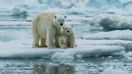 A mother polar bear and her cubs on a melting ice floe under the midnight sun - obrazy, fototapety, plakaty