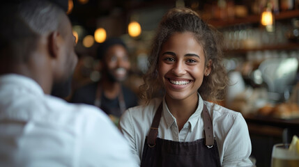 Attractive waitress laughs at funny joke of African American man - 789173476