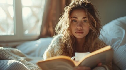 woman sitting in bed in morning light, by the window reading old book, having cup of cappuccino coffee - 789173620