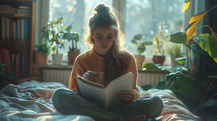 woman sitting in bed in morning light, by the window reading old book, having cup of cappuccino coffee - 789173671