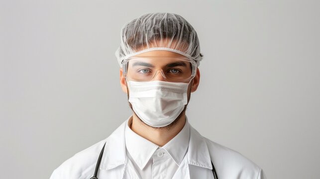 Medico con cuffia e mascherina, vestito di bianco