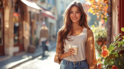 attractive girl drinking hot latte beverage while walking the street - 789173811