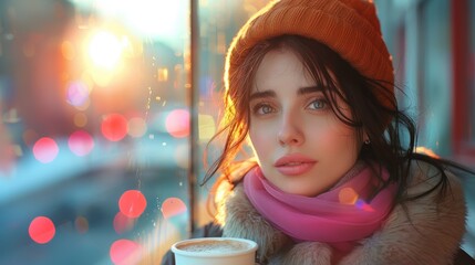 attractive girl drinking hot latte beverage while walking the street - 789173819