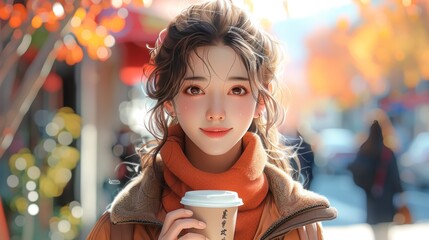 attractive girl drinking hot latte beverage while walking the street