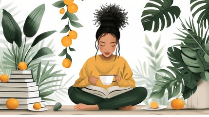 illustration female holding cup of coffee while having breakfast and reading a book - 789173824