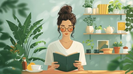 illustration female holding cup of coffee while having breakfast and reading a book