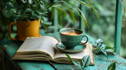 cup of coffee with a book near the greenery indoor - 789173869