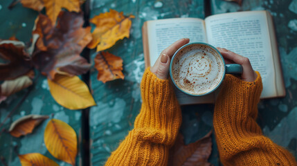 female hand holding cup of coffee while having breakfast and reading a book in autumn - 789173871