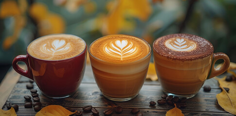 three cups of cappuccino on  a wooden table in autumn
