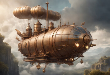 Whimsical steampunk airship adventure illustration, brass and leather, fantastical contraptions, cloudy skies, aerial steam-powered engines, intrepid explorers, medieval inspiration, digital painting - obrazy, fototapety, plakaty