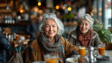 Three senior women enjoying breakfast drinking coffee at bar cafeteria - 789174068