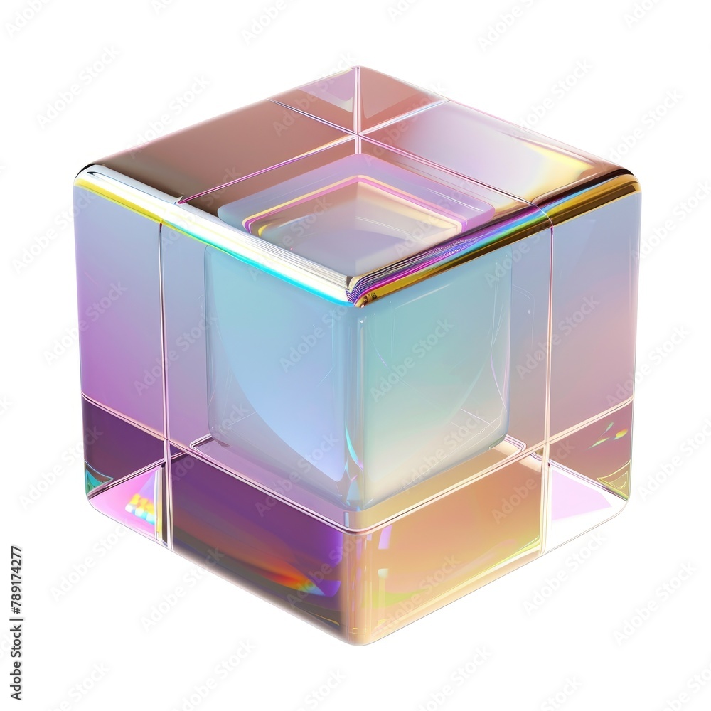 Poster perfectly shaped cube with an iridescent surface, reflecting a spectrum of colors