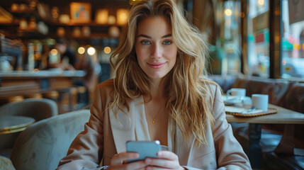 Young business woman using a smart phone in a cafe while having a cup of coffee - 789174223