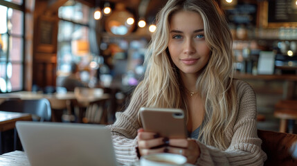 Young business woman using a smart phone in a cafe while having a cup of coffee - 789174230