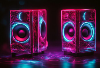 black light neon wave sound Two speakers speaker audio music noise stereo technology tweeter loud bass volume closeup close up box studio diffuser loudspeaker listening
