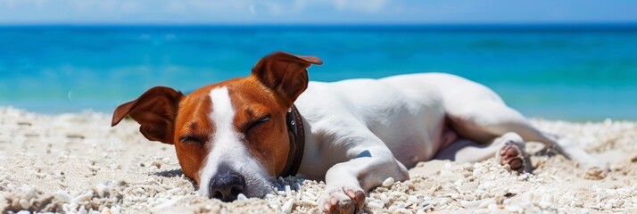 Pedigree puppy relaxing on sandy tropical beach during summer vacation with ocean shore background
