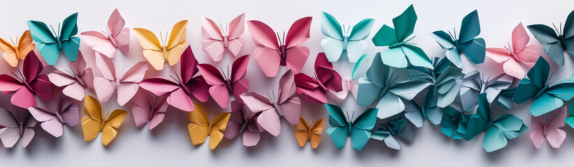 A row of origami butterflies in various colors including blue, green, pink, yellow and purple., banner