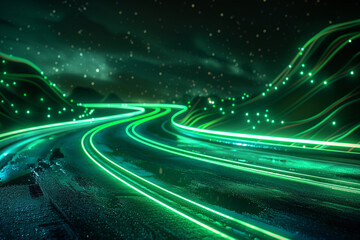  3D illustration of a night road with vibrant green light