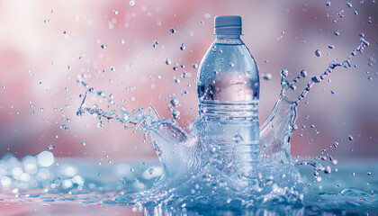 A clean water plastic bottle with water splash and drops.