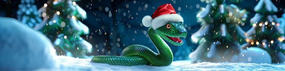 snake on a background of snow and fir trees and lights.