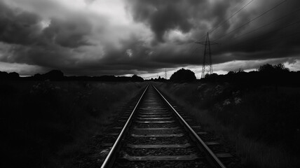 Black and white photography of the railway, dark with clouds. Landscapes photography