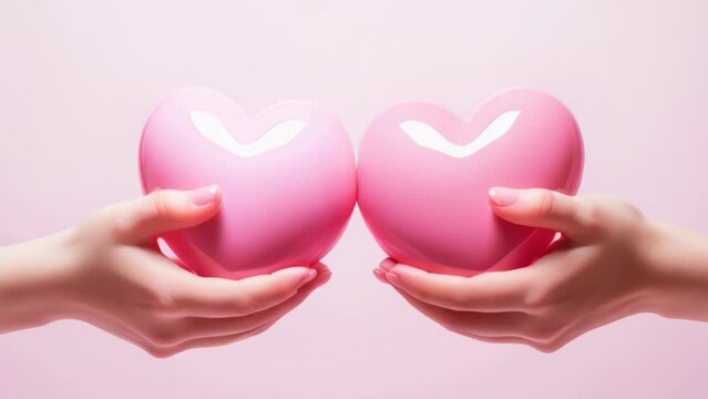 Two people holding pink hearts