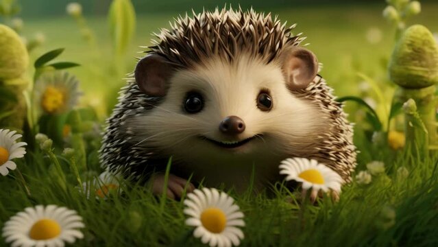 A cute hedgehog is laying in a field of daisies
