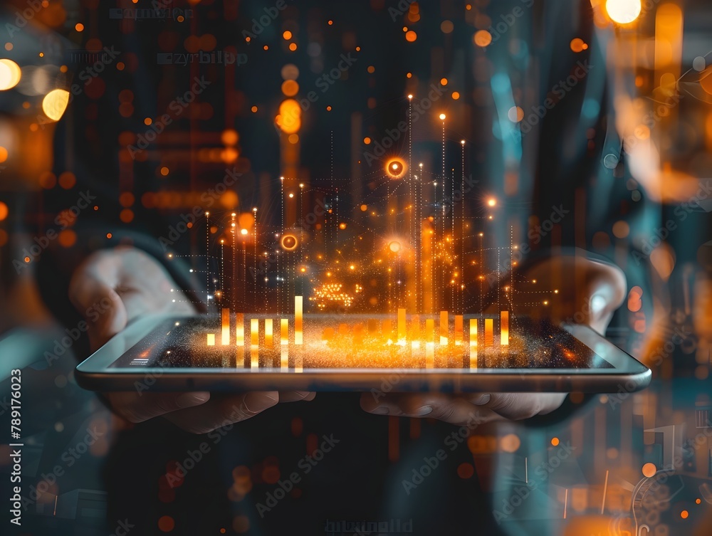 Poster businessman holding digital device displaying luminous business analytics graph
