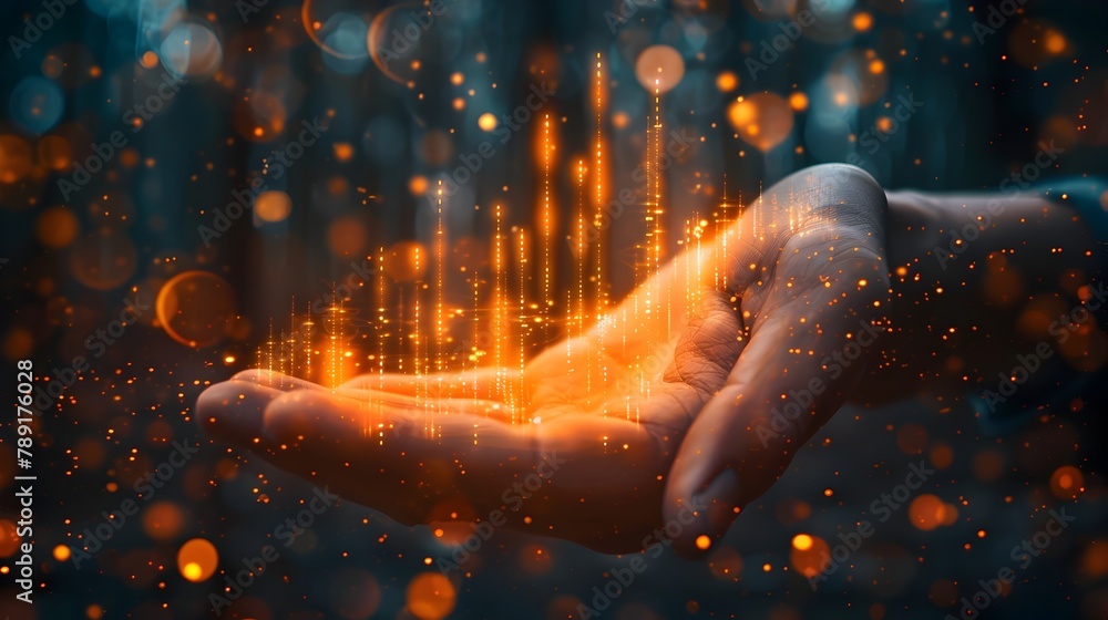 Poster businessman s hand showcasing glowing data graph symbolizing data driven business decisions and fina