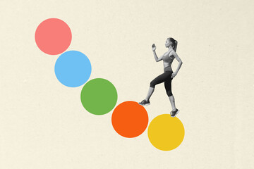 Retro magazine collage image of purposeful sport lady running success step by step isolated beige...