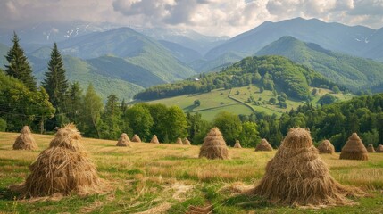 Hay stacks are scattered across a picturesque mountain valley in the Carpathian mountains - obrazy, fototapety, plakaty