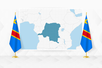 Map of DR Congo and flags of DR Congo on flag stand.