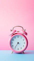 pink clock over pastel blue color background сreated with Generative Ai