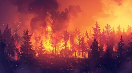 Glowing forest blaze at night showcasing towering flames and smoldering trees under a starry sky